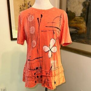 Jess & Jane Orange Graphic Short Sleeve Top Size Large